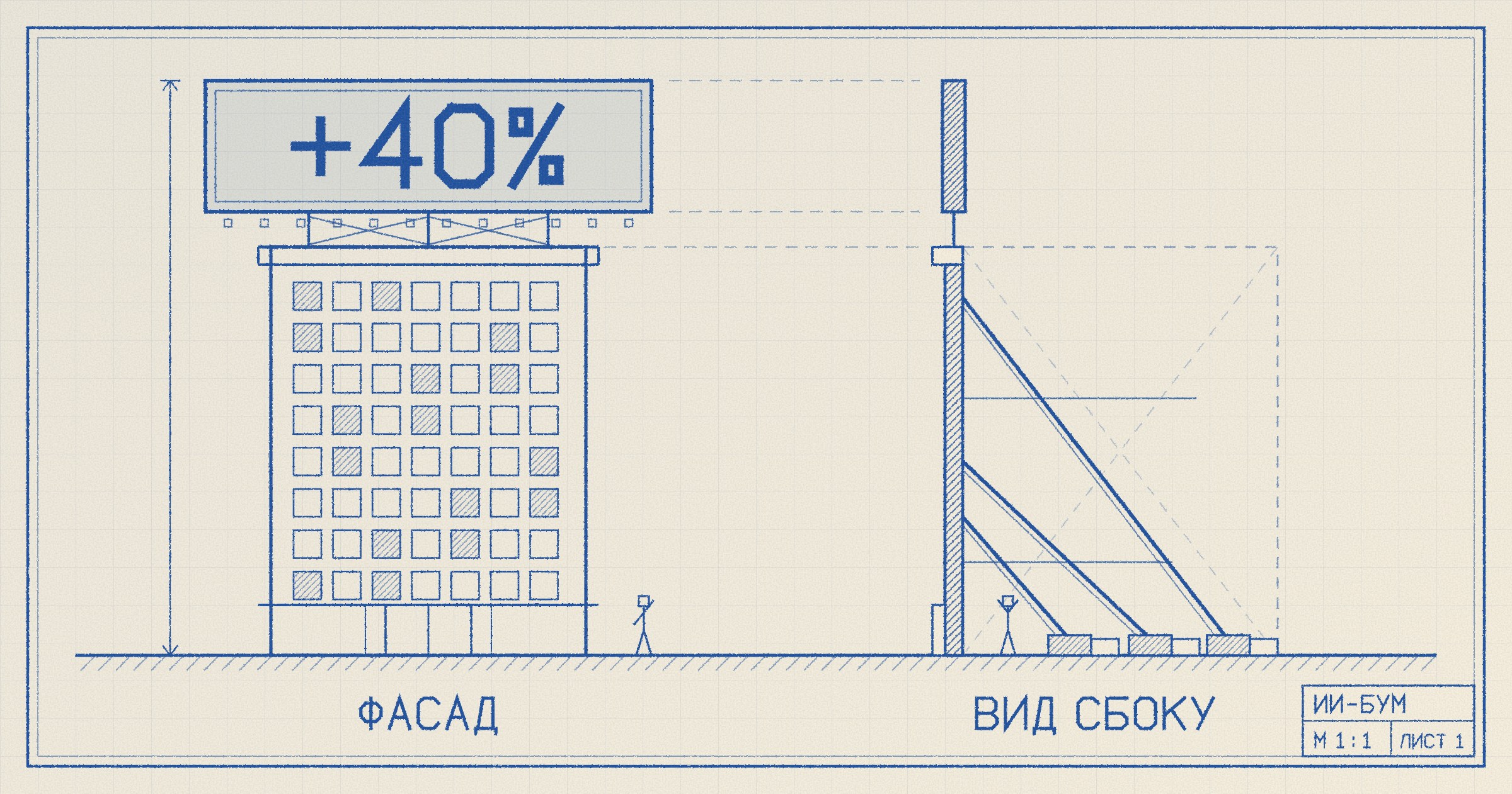 Чертёж: фасад башни с вывеской «+40%», а сбоку видно, что это плоская стенка на подпорках